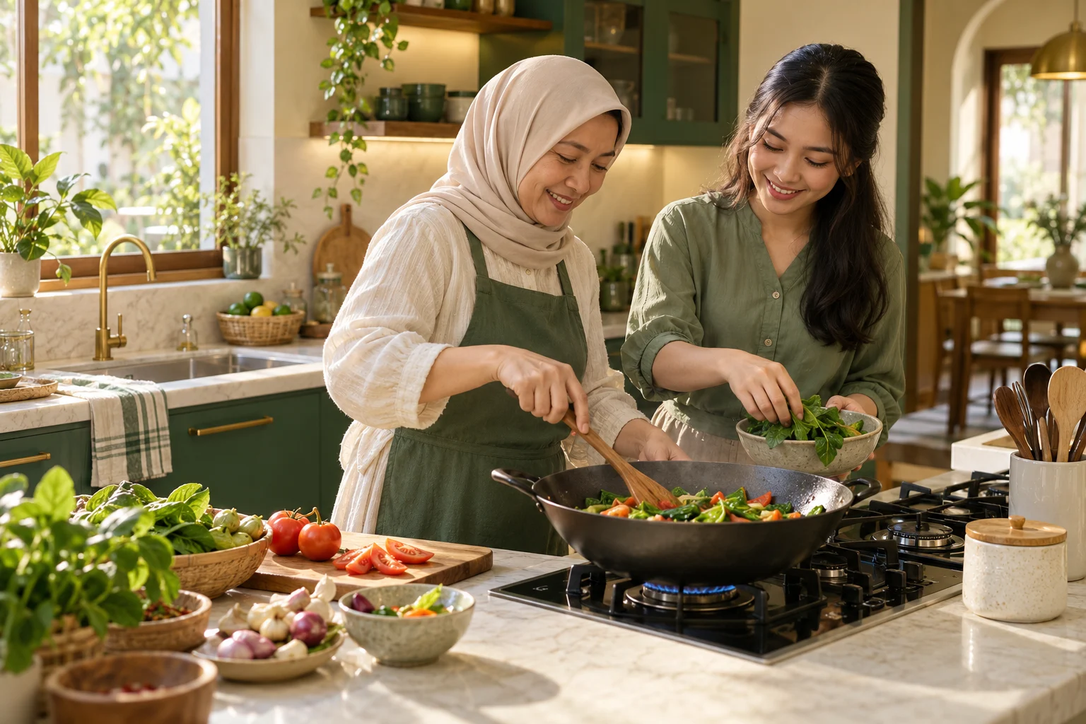 Ilustrasi AI ibu dan putrinya memasak bersama di dapur